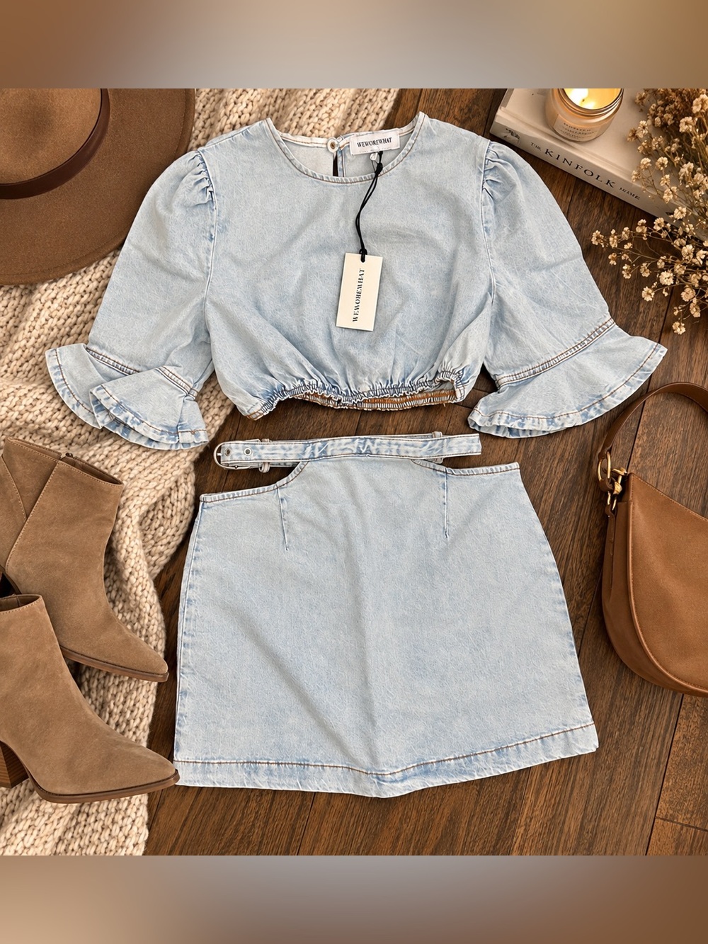 WeWoreWhat Light Wash Denim Crop Top & Mini Skirt Set XS/S NWT Revolve